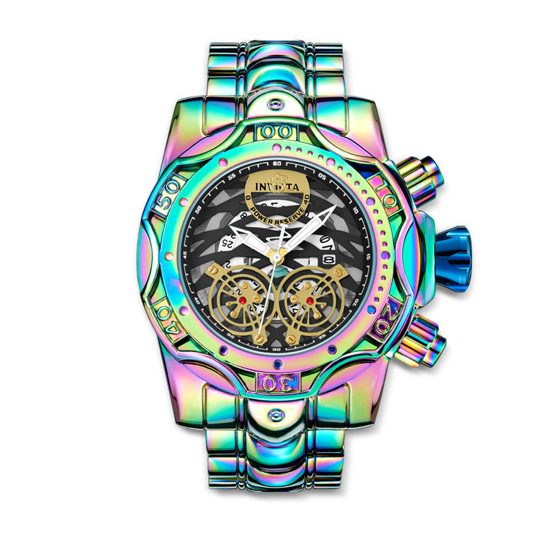 🌈Iridescent Chronograph Watch for Men, Skeleton Dial, Waterproof Stainless Steel Wristwatch