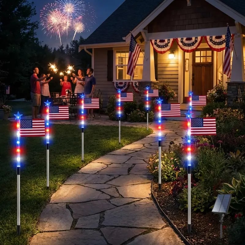 🔥Last Day: 49% OFF🔥8 Solar American Flag Pathway Lights – Red, White & Blue Yard Glow for 250th Independence Celebration 🇺🇸