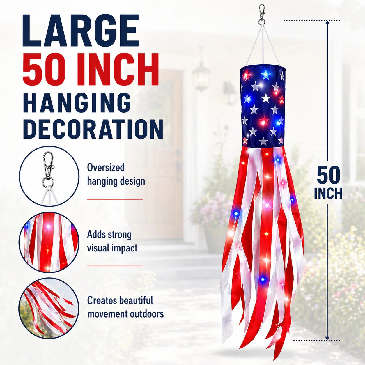 🔥LAST DAY 49% OFF- 3 Pack 50 Inch Large American Flag Windsocks with Red White Blue Lights