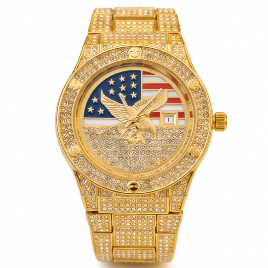 Men's Quartz Watch with Diamond-Set Stars and Stripes and Eagle Design