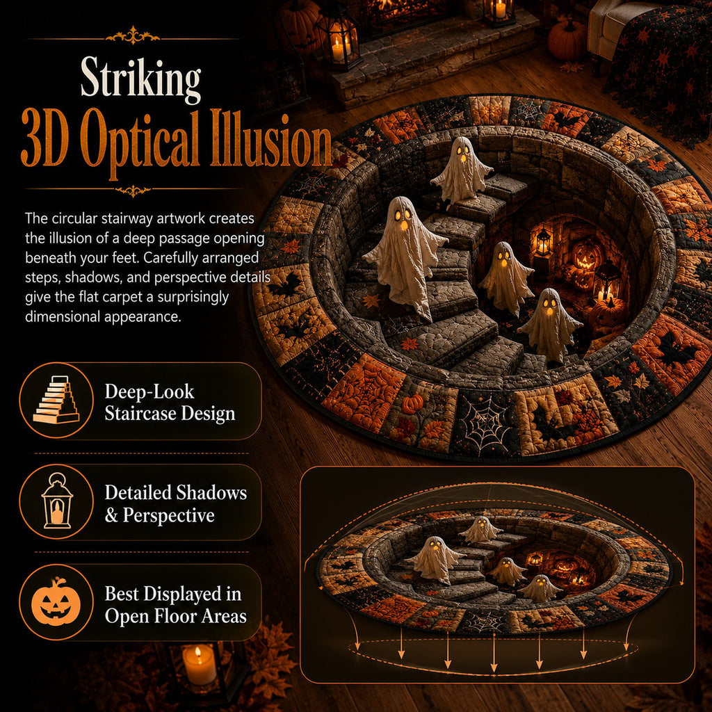 🔥 3D Haunted Staircase Round Rug – Spooky Halloween Optical Illusion 👻