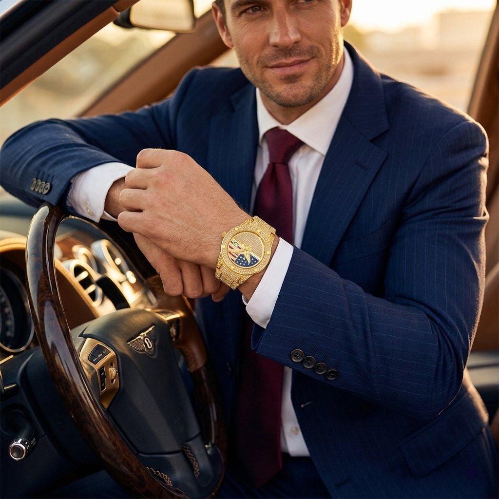 Men's Quartz Watch with Diamond-Set Stars and Stripes and Eagle Design