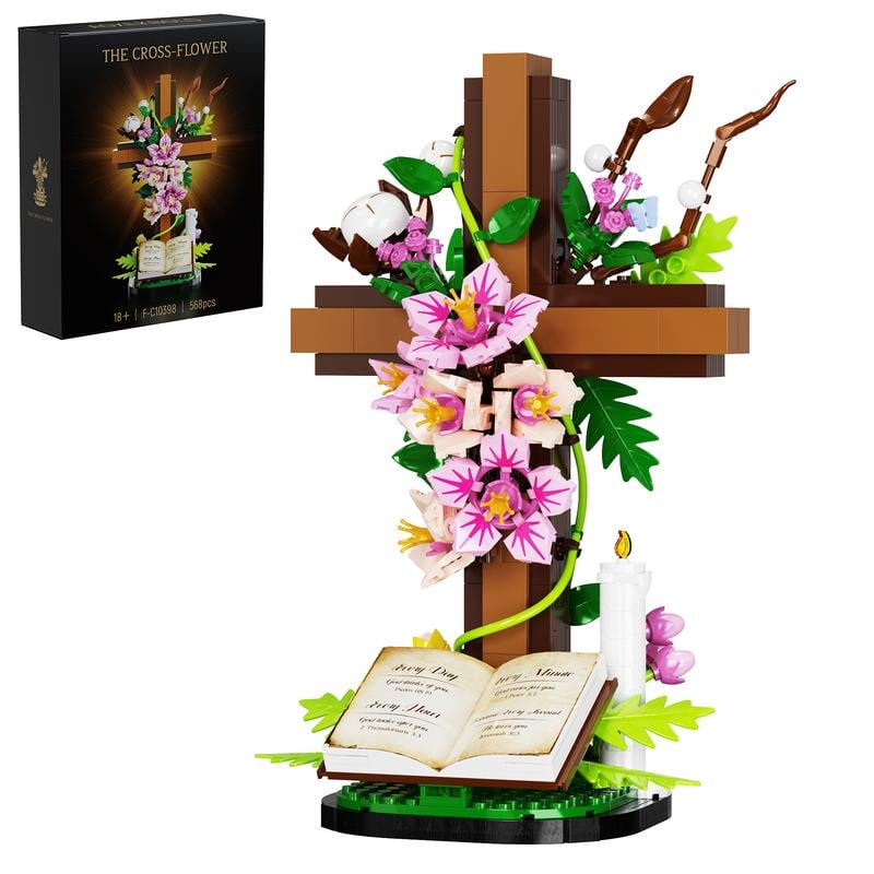 ✝️ Jesus Cross Flower Bouquet Building Set • Faith in Blocks ✨