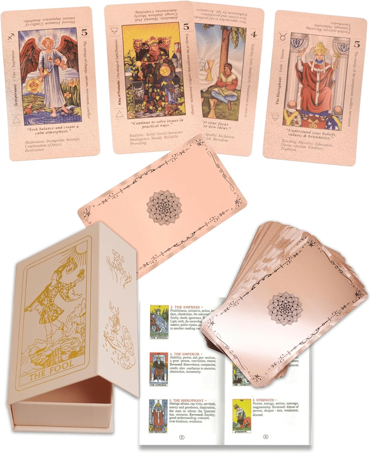 🎨New 2026✨Rose Gold Tarot Cards with Guide Book Waterproof Wrinkle Resistant Foil Tarot Deck for Beginners Includes Chakras Planets Zodiac Signs Elements & Affirmations