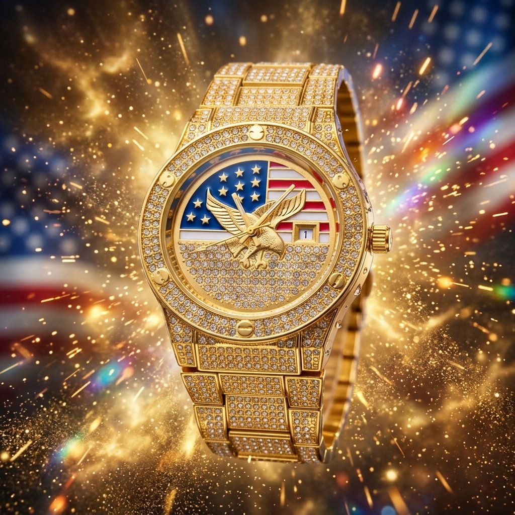 Men's Quartz Watch with Diamond-Set Stars and Stripes and Eagle Design
