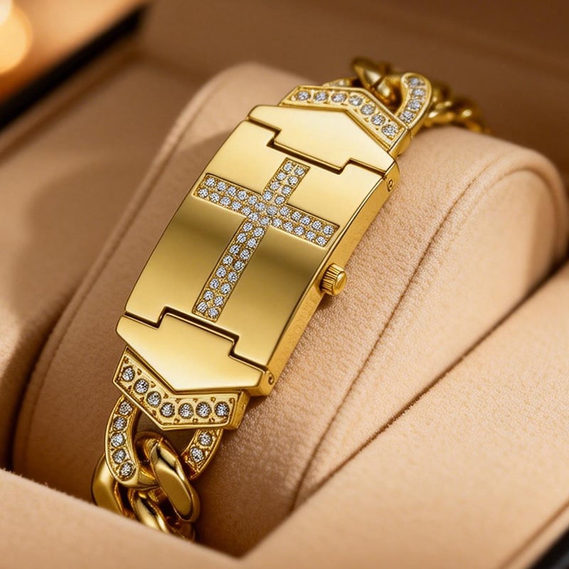 Women’s Diamond Cross Flap Design Gold Wristwatch