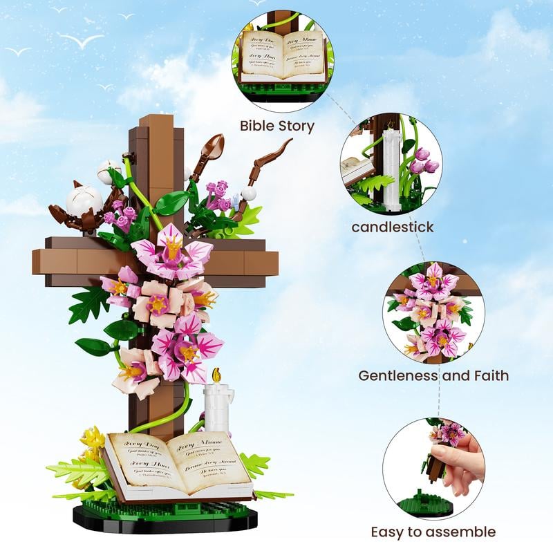 ✝️ Jesus Cross Flower Bouquet Building Set • Faith in Blocks ✨