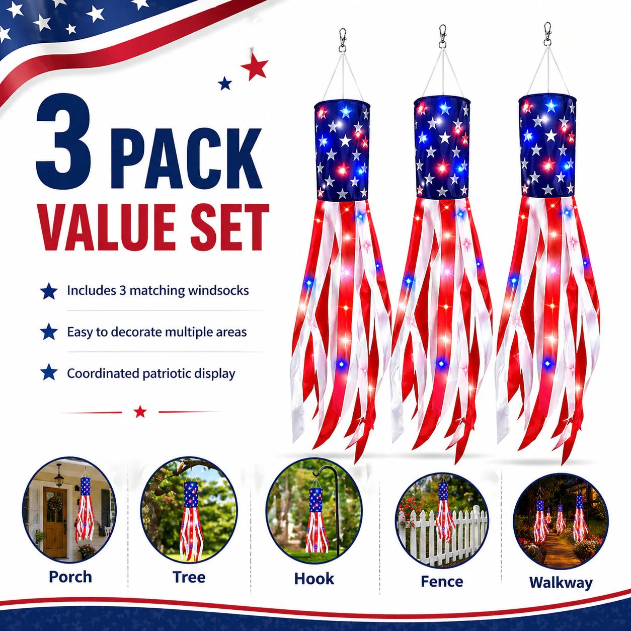 🔥LAST DAY 49% OFF- 3 Pack 50 Inch Large American Flag Windsocks with Red White Blue Lights