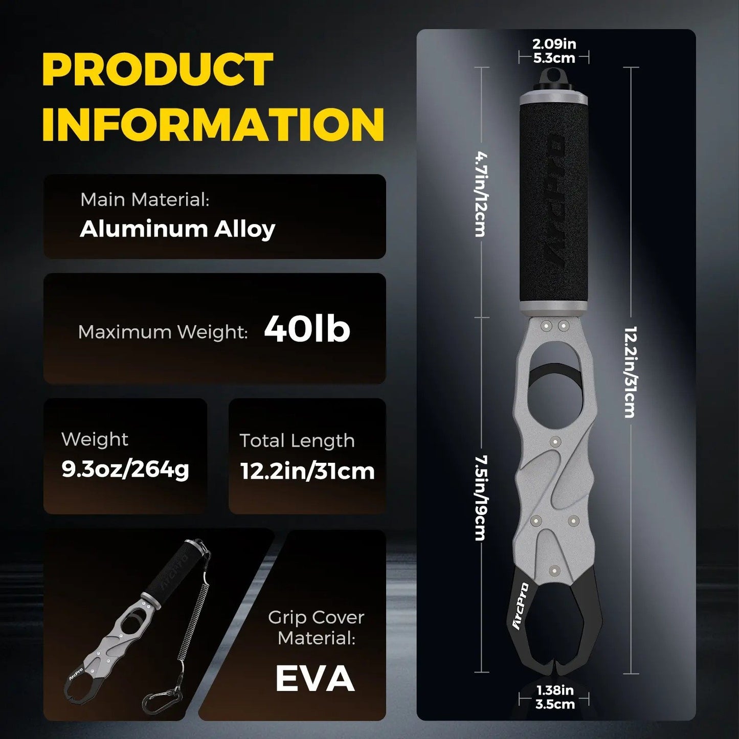 🎁Last Day Promotion 49% OFF🔥One-Hand Fish Lip Gripper with Digital Scale, 40lb Aluminum Grip Tool with Rotating Handle, EVA Grip