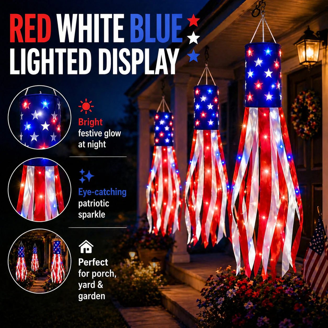 🔥LAST DAY 49% OFF- 3 Pack 50 Inch Large American Flag Windsocks with Red White Blue Lights
