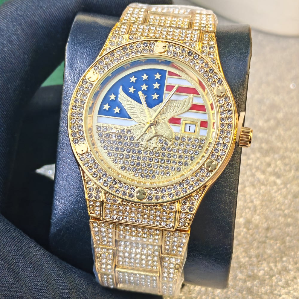 Men's Quartz Watch with Diamond-Set Stars and Stripes and Eagle Design