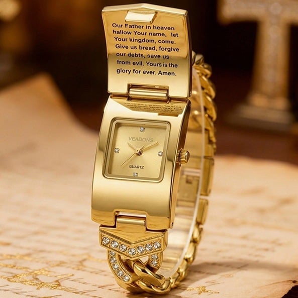 Women’s Diamond Cross Flap Design Gold Wristwatch