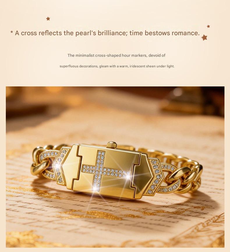 Women’s Diamond Cross Flap Design Gold Wristwatch
