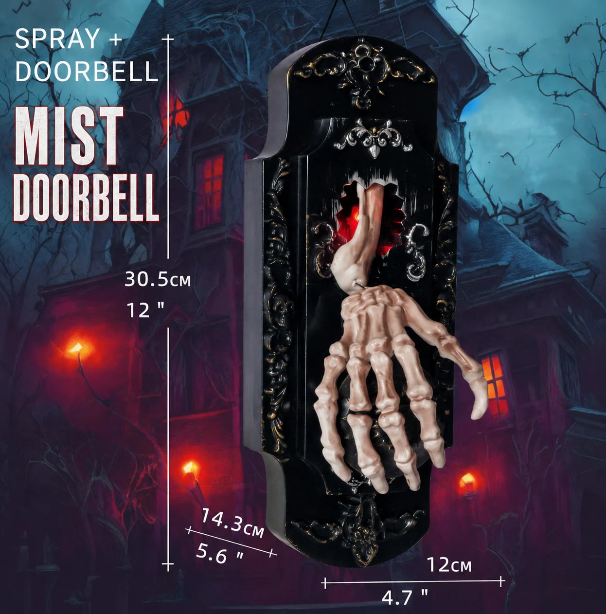 👻Halloween Hanging Doorbell Touch/Motion Activated Skeleton Hand Door Bell with Red Light Scary Sound Haunted House Decoration