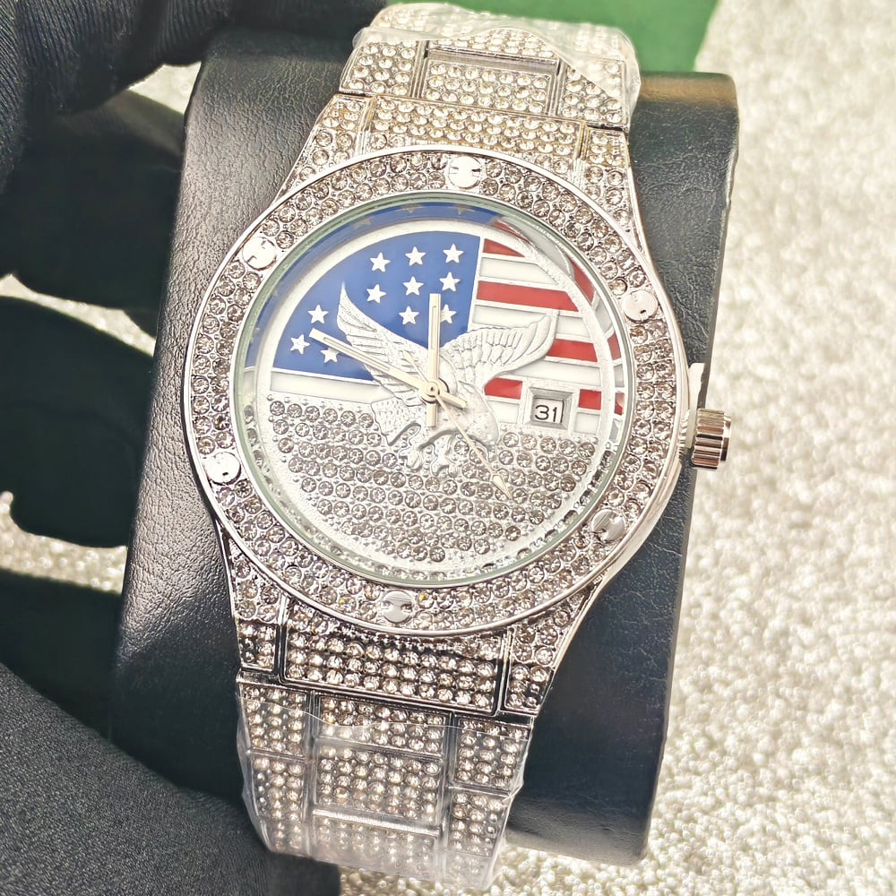 Men's Quartz Watch with Diamond-Set Stars and Stripes and Eagle Design