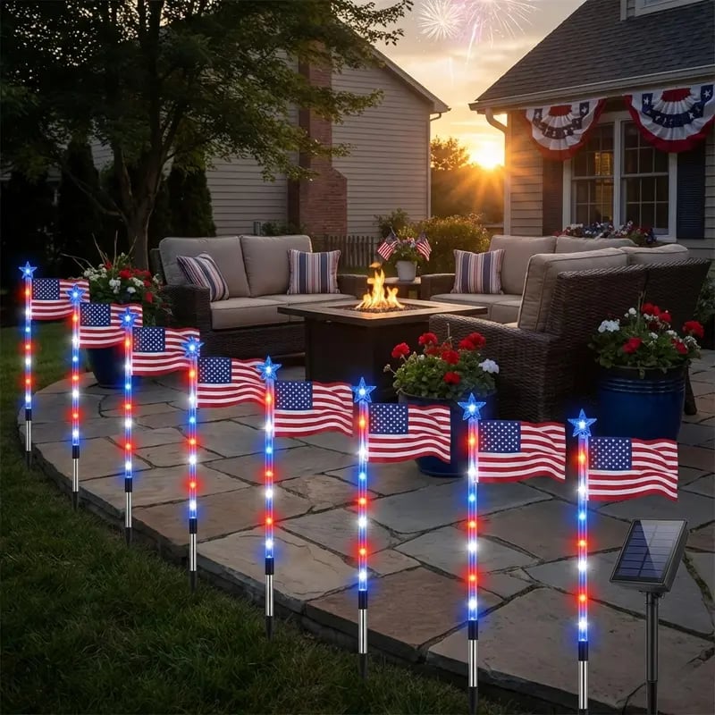 🔥Last Day: 49% OFF🔥8 Solar American Flag Pathway Lights – Red, White & Blue Yard Glow for 250th Independence Celebration 🇺🇸