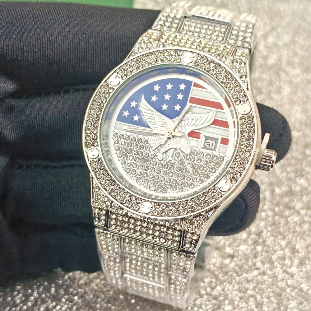 Men's Quartz Watch with Diamond-Set Stars and Stripes and Eagle Design