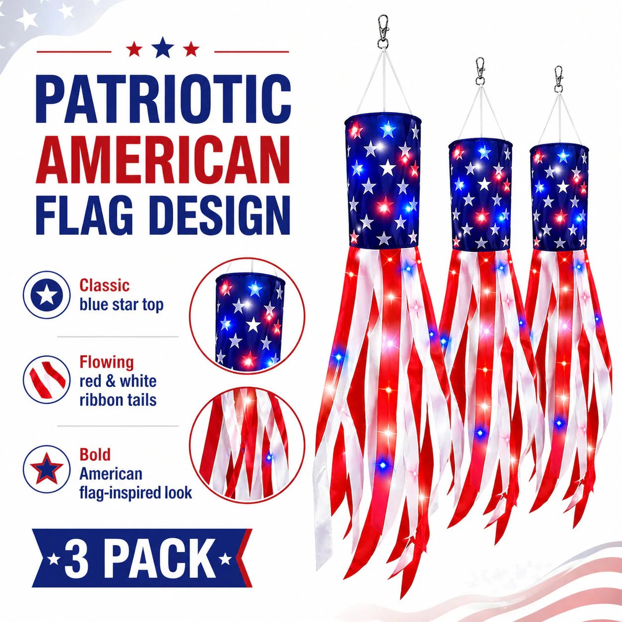 🔥LAST DAY 49% OFF- 3 Pack 50 Inch Large American Flag Windsocks with Red White Blue Lights
