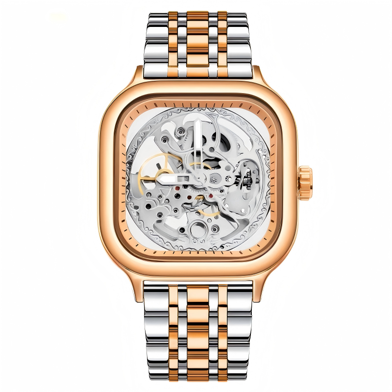Rovite Square Men'S Hollow Mechanical Watch Business Fashion Trend Waterproof Fully Automatic Steel Belt Mechanical Watch For Men