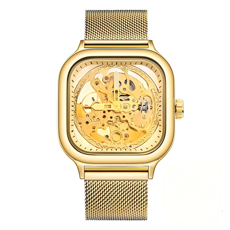 Rovite Square Men'S Hollow Mechanical Watch Business Fashion Trend Waterproof Fully Automatic Steel Belt Mechanical Watch For Men