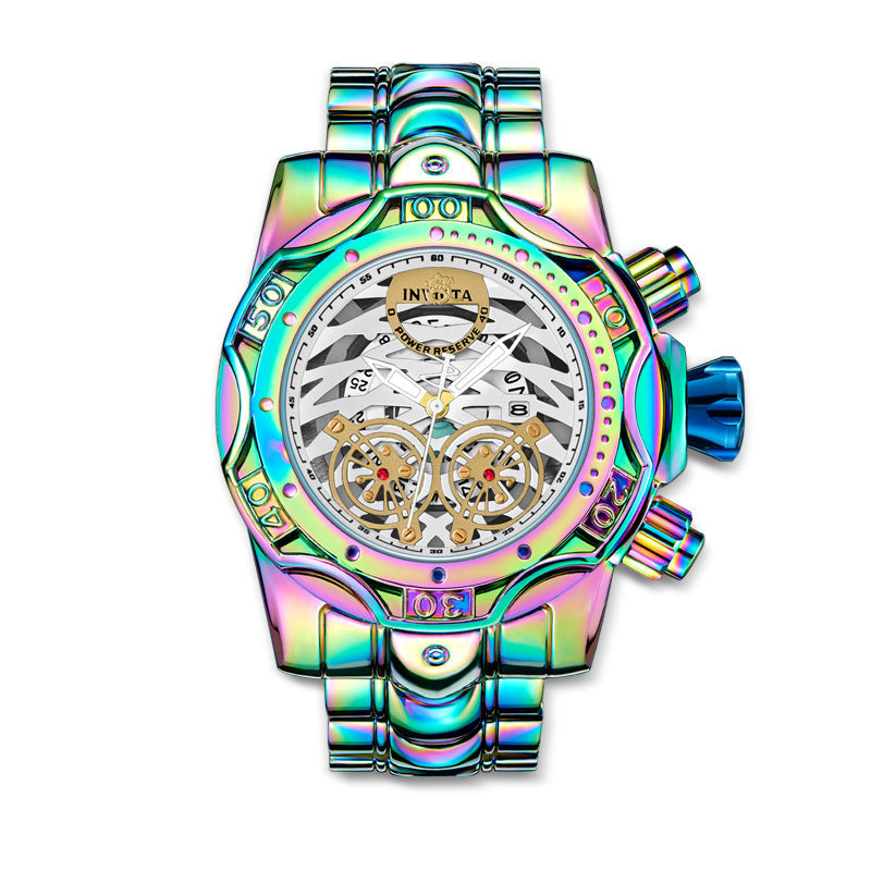 🌈Iridescent Chronograph Watch for Men, Skeleton Dial, Waterproof Stainless Steel Wristwatch