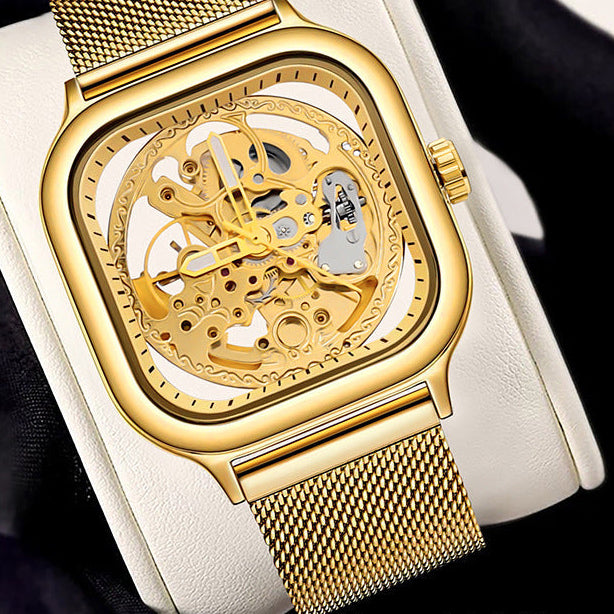 Rovite Square Men'S Hollow Mechanical Watch Business Fashion Trend Waterproof Fully Automatic Steel Belt Mechanical Watch For Men