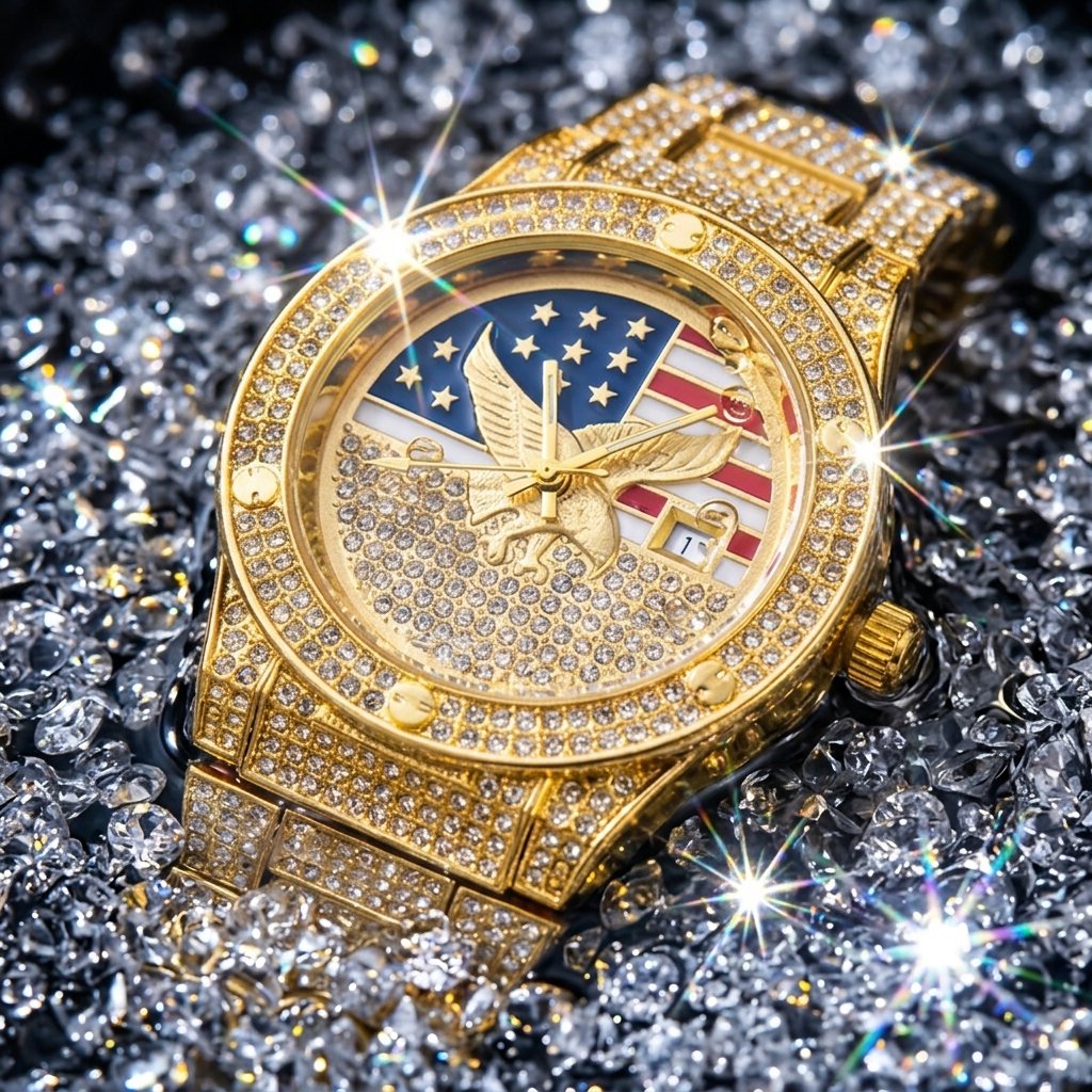 Men's Quartz Watch with Diamond-Set Stars and Stripes and Eagle Design