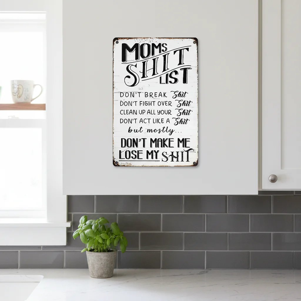 Funny Mom’s Shit List Kitchen Sign – Vintage Metal Wall Decor Gift