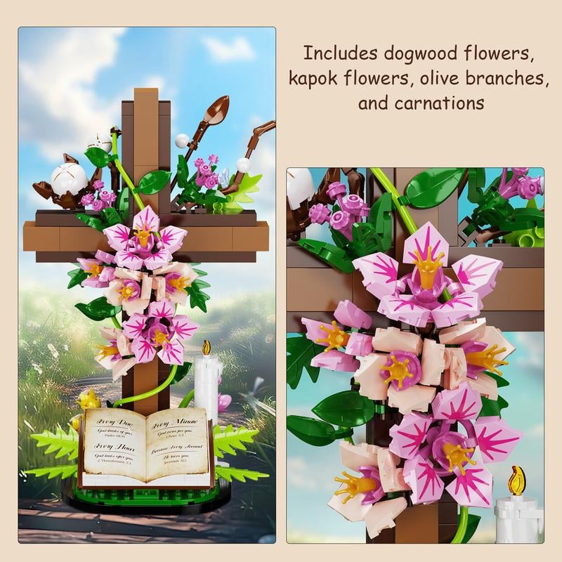 ✝️ Jesus Cross Flower Bouquet Building Set • Faith in Blocks ✨