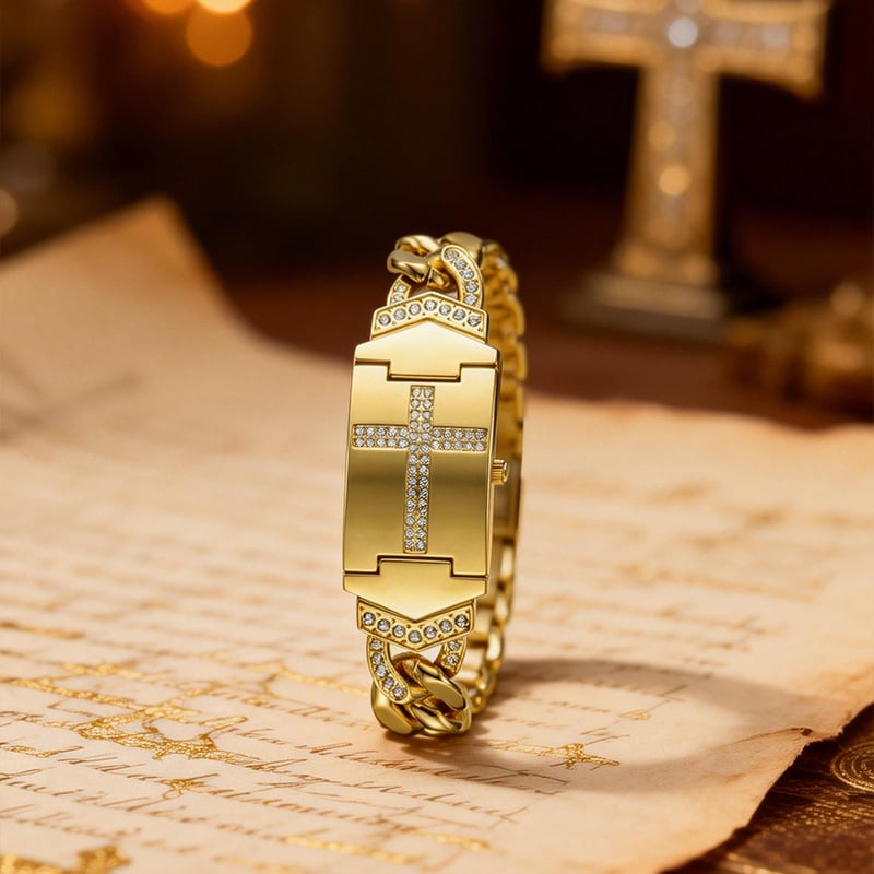 Women’s Diamond Cross Flap Design Gold Wristwatch