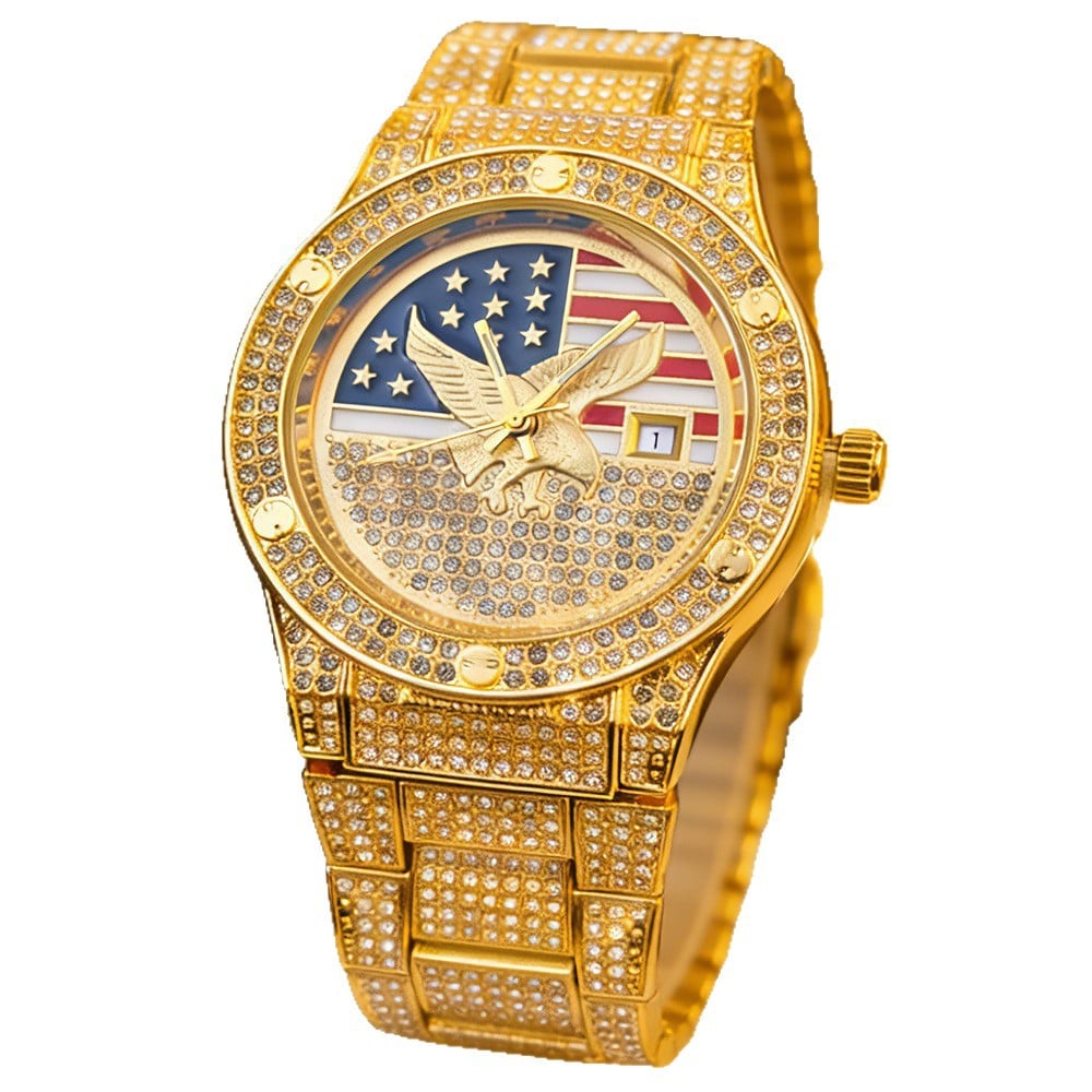 Men's Quartz Watch with Diamond-Set Stars and Stripes and Eagle Design