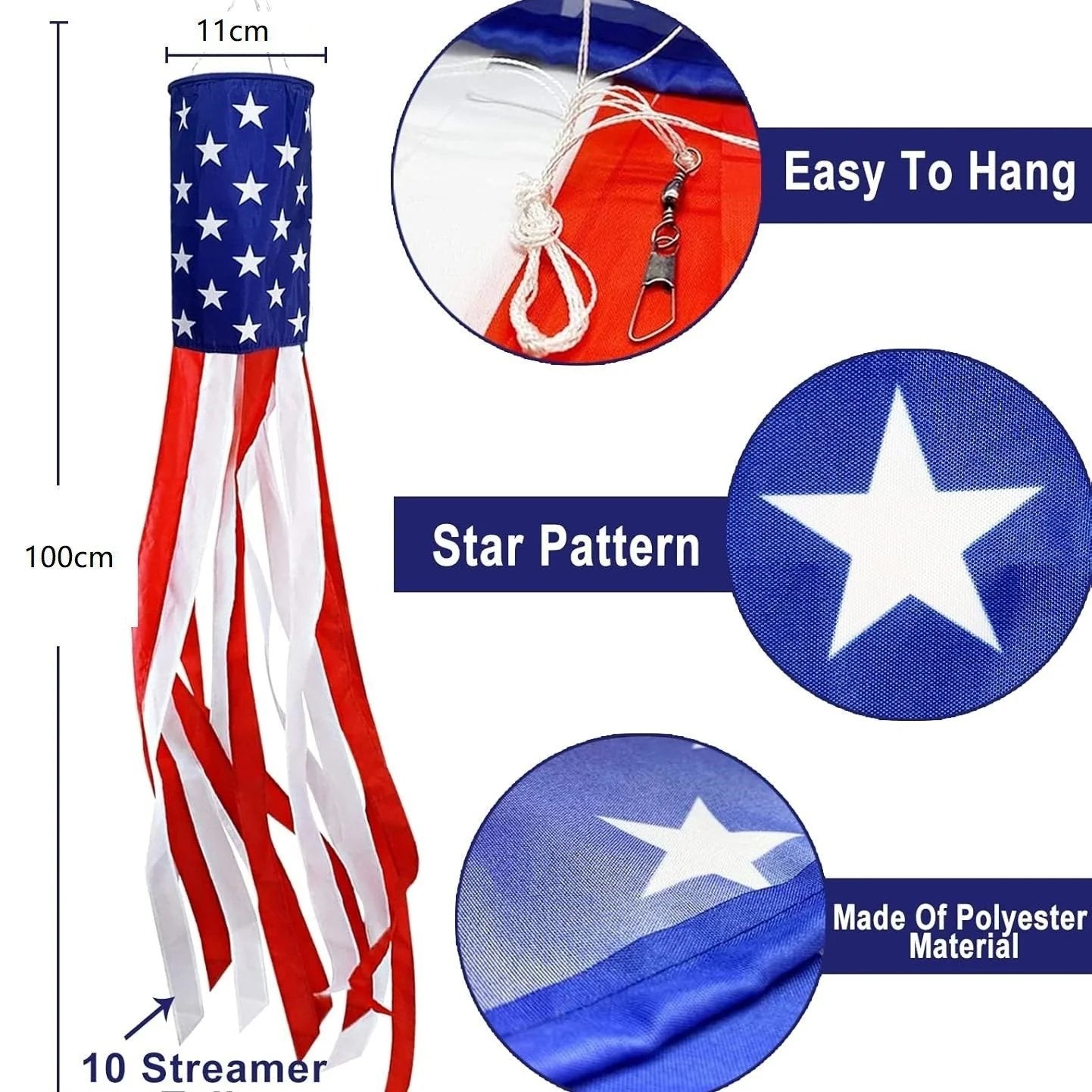 🔥LAST DAY 49% OFF- 3 Pack 50 Inch Large American Flag Windsocks with Red White Blue Lights