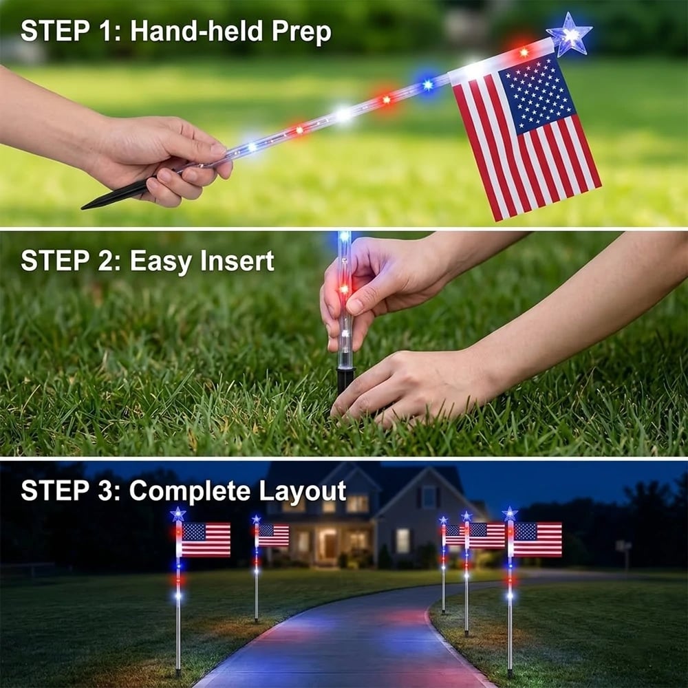 🔥Last Day: 49% OFF🔥8 Solar American Flag Pathway Lights – Red, White & Blue Yard Glow for 250th Independence Celebration 🇺🇸