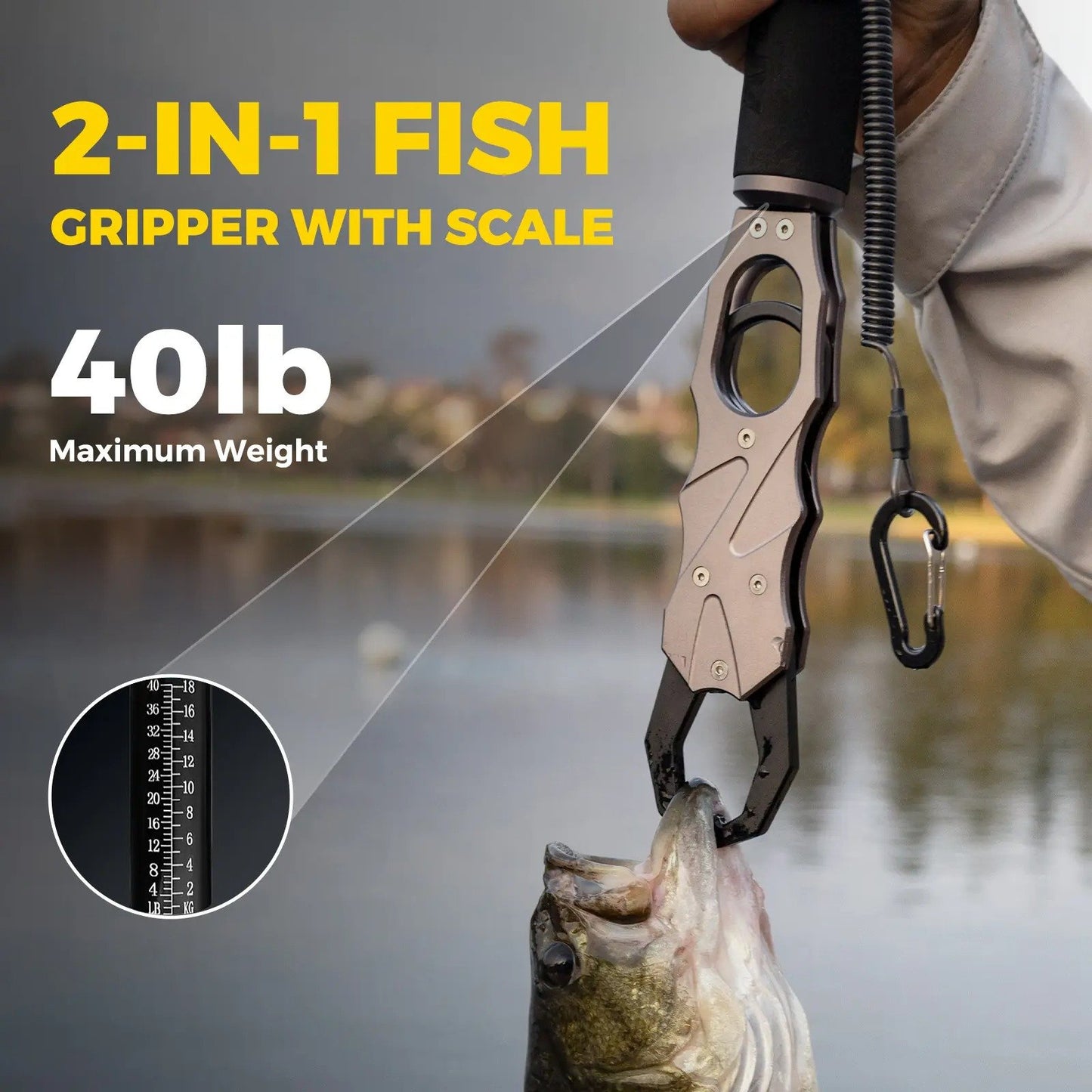 🎁Last Day Promotion 49% OFF🔥One-Hand Fish Lip Gripper with Digital Scale, 40lb Aluminum Grip Tool with Rotating Handle, EVA Grip